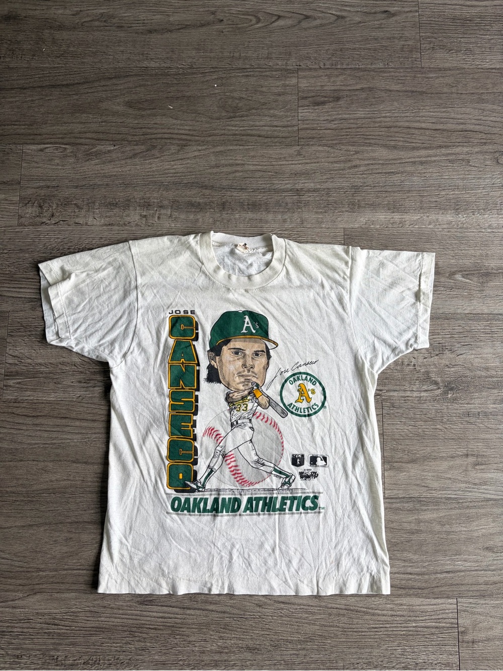 White Oakland Athletics Jose Canseco Graphic Tee with Green and Yellow